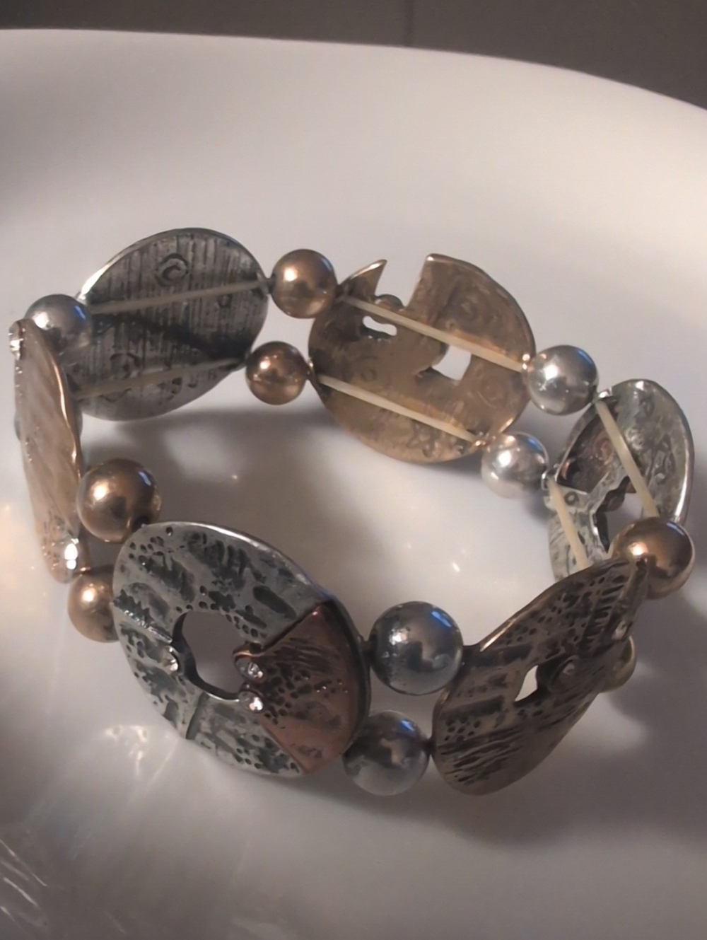 Mixed Metal Disc and Bead Stretch Bracelet - Three -Tone Silver & Gold- Copper